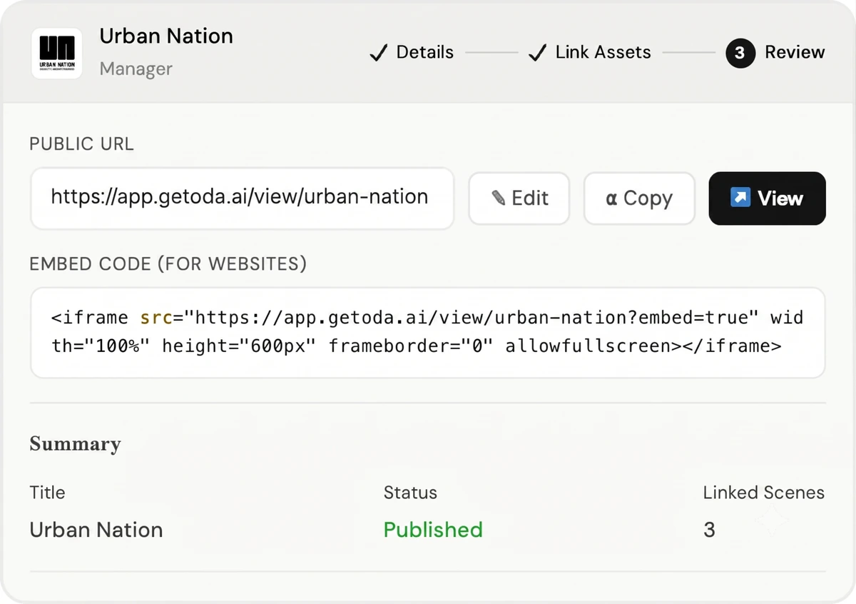 The oda dashboard showing a public tour URL and its one-line iframe embed code